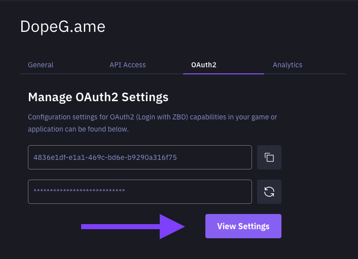 View OAuth2 Settings - ZEBEDEE Developer Dashboard