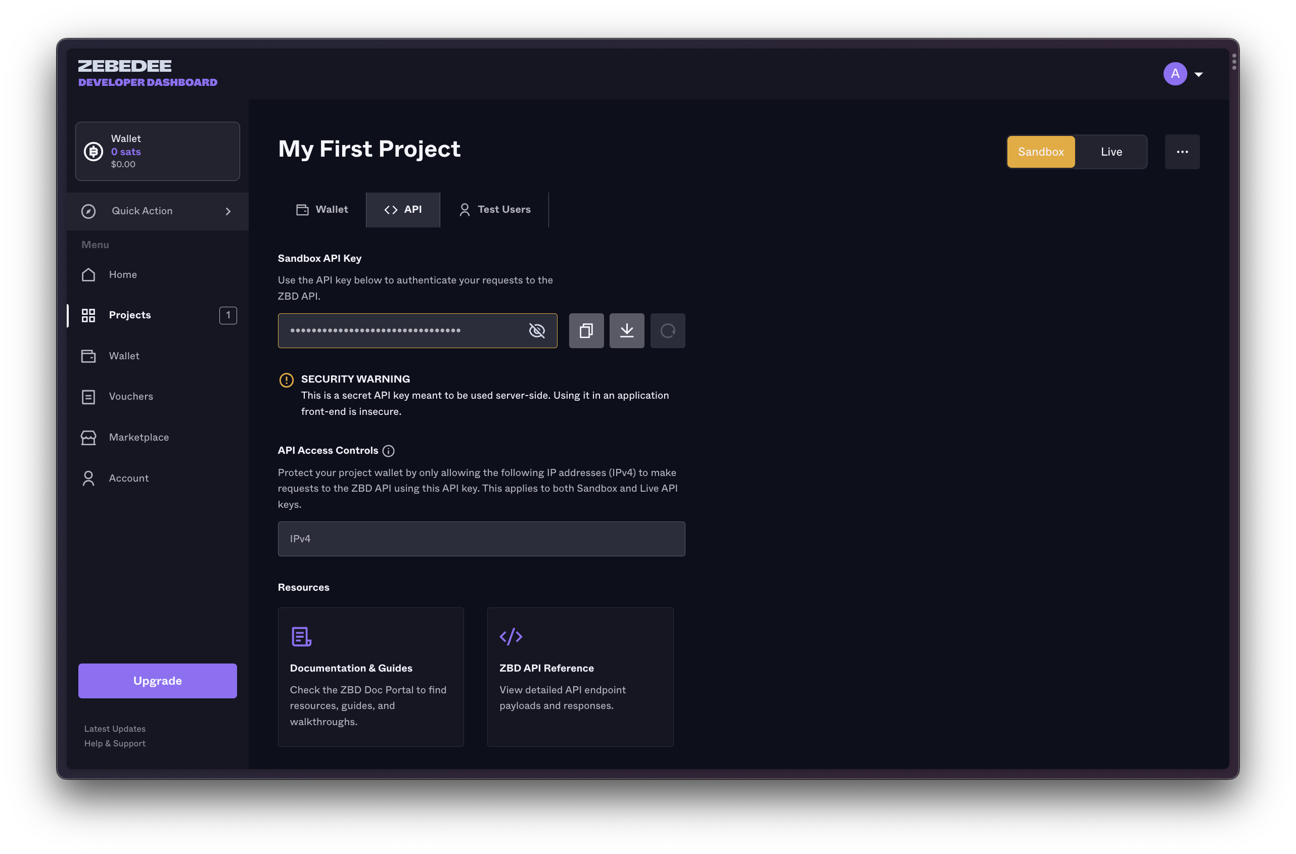 ZEBEDEE Developer Dashboard | Sandbox API Key