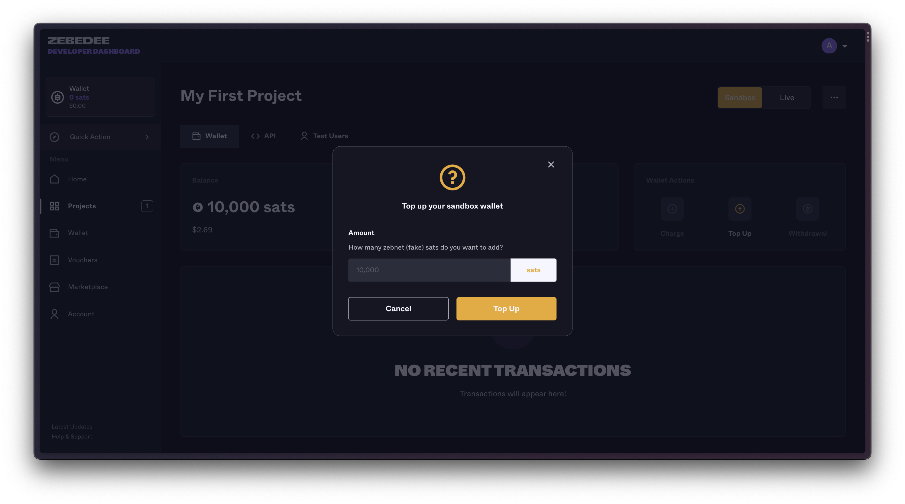 ZEBEDEE Developer Dashboard | Topup Sandbox Project Wallet