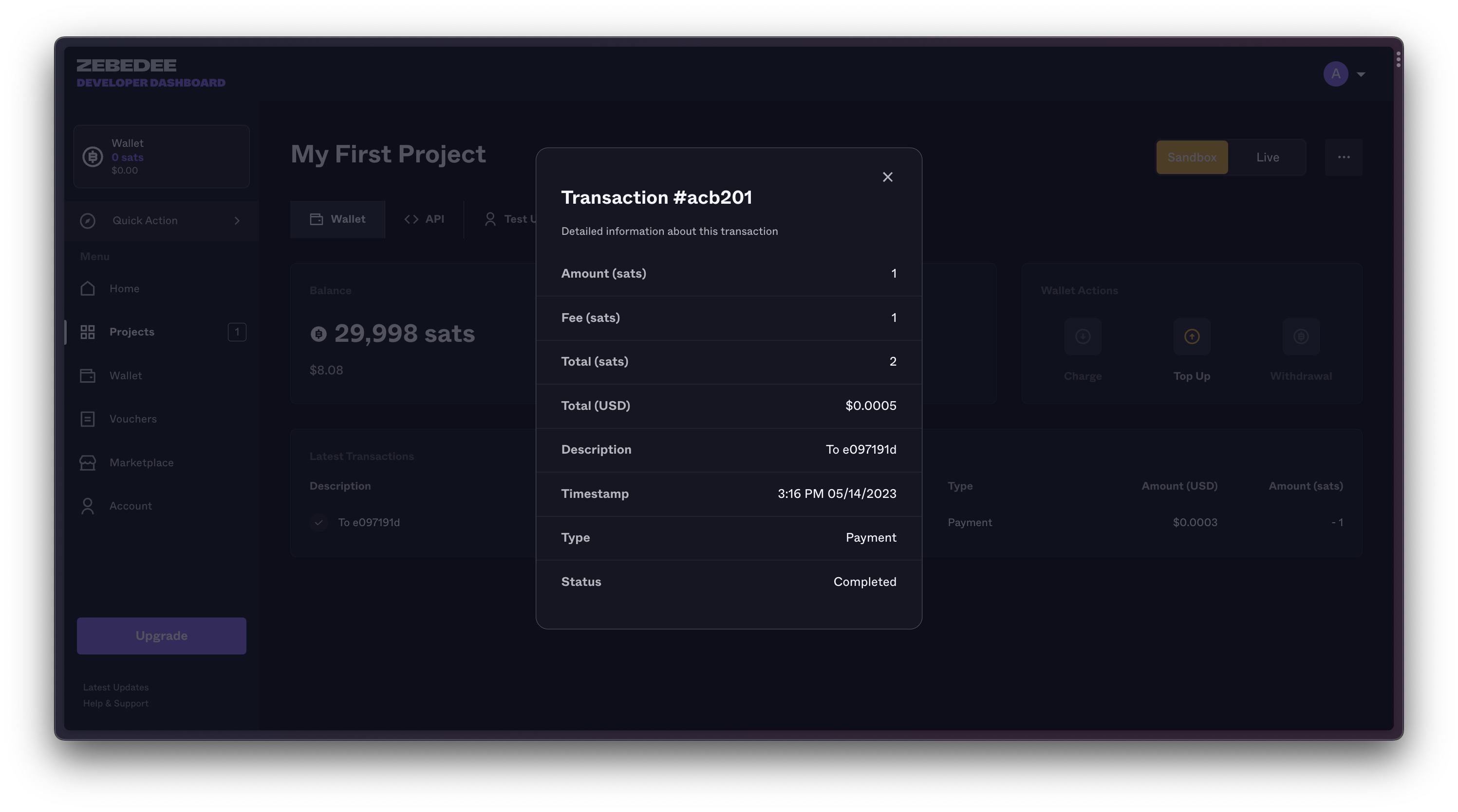 ZEBEDEE Developer Dashboard | Sandbox Transaction Details