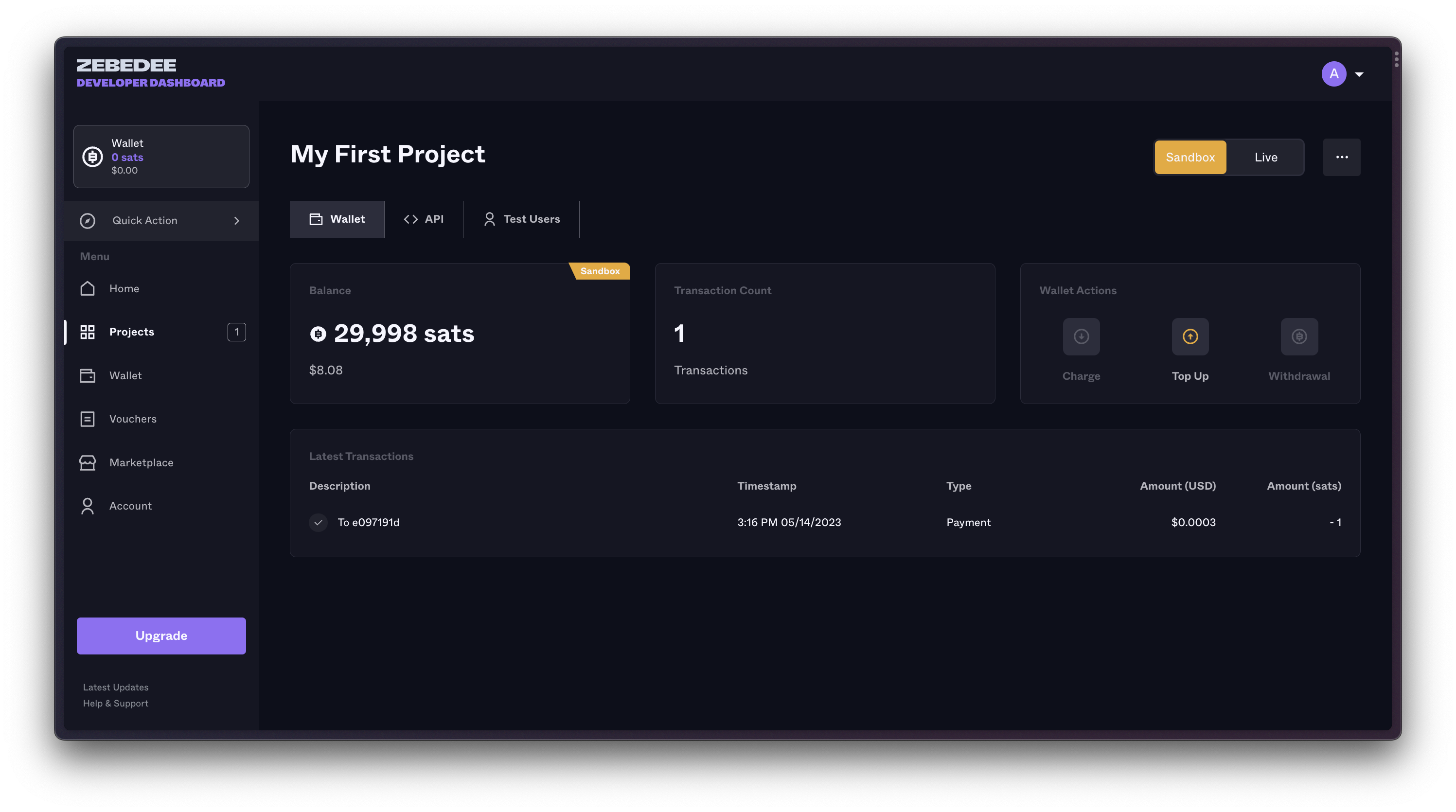 ZEBEDEE Developer Dashboard | Sandbox Wallet