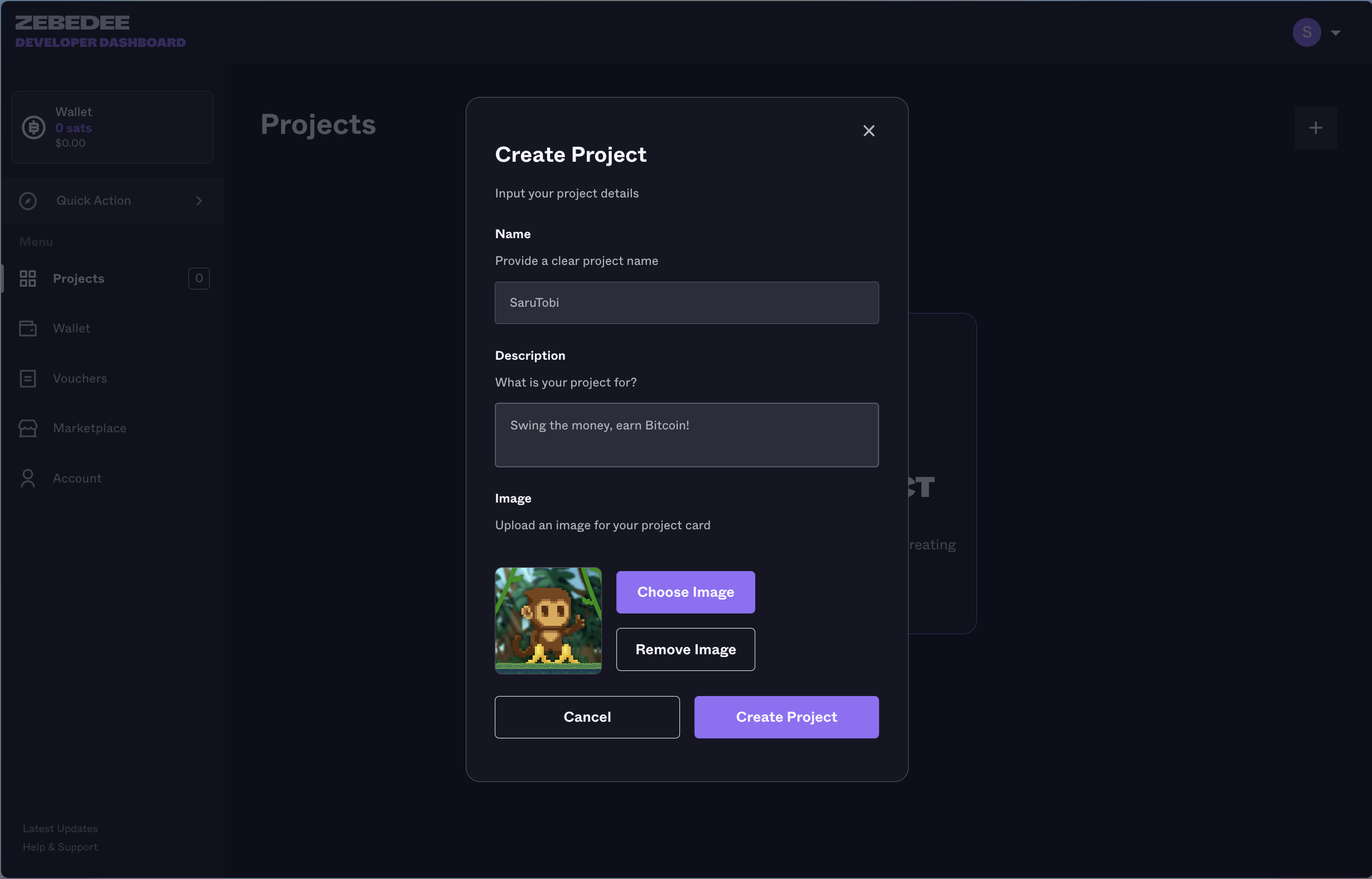 ZEBEDEE Developer Dashboard | Create Project Form