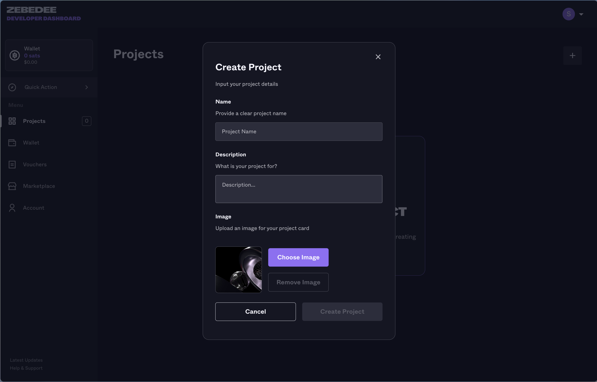 ZEBEDEE Developer Dashboard | Create Project Form